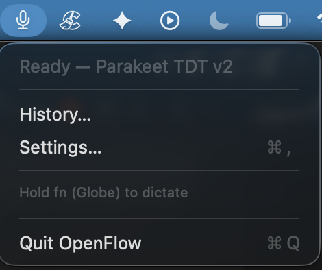 OpenFlow menu bar dropdown showing Ready with the Parakeet TDT v2 engine active and a Hold fn to dictate hint