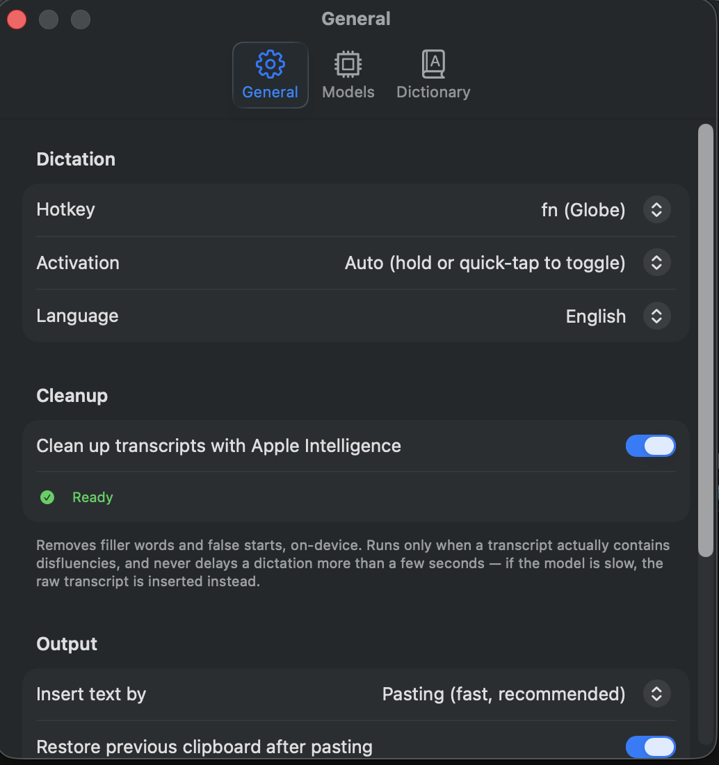 OpenFlow General settings: hotkey, activation style, language, on-device Apple Intelligence cleanup, and text output method