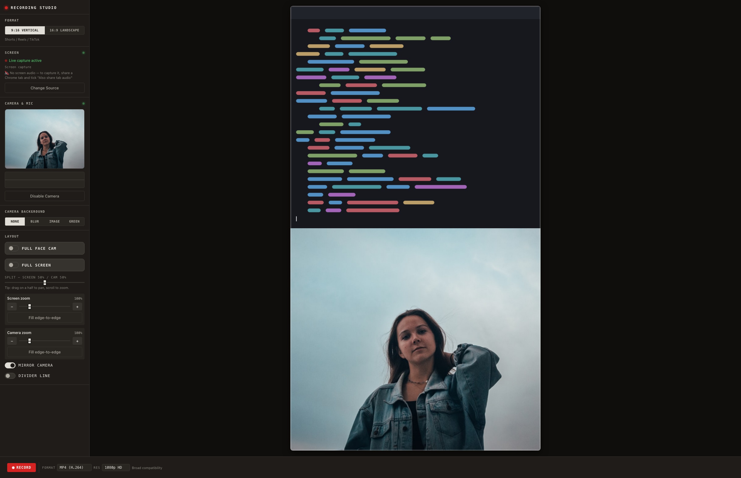 Recording Studio: browser-based screen and camera recorder with a broadcast-console interface
